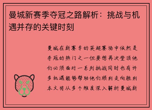曼城新赛季夺冠之路解析：挑战与机遇并存的关键时刻