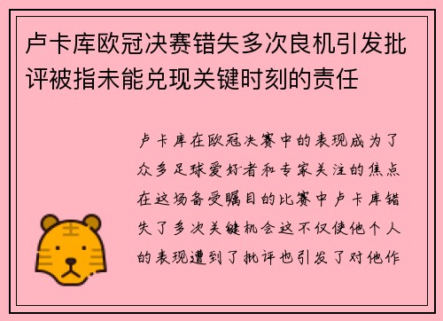 卢卡库欧冠决赛错失多次良机引发批评被指未能兑现关键时刻的责任