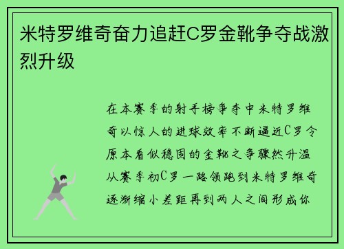 米特罗维奇奋力追赶C罗金靴争夺战激烈升级